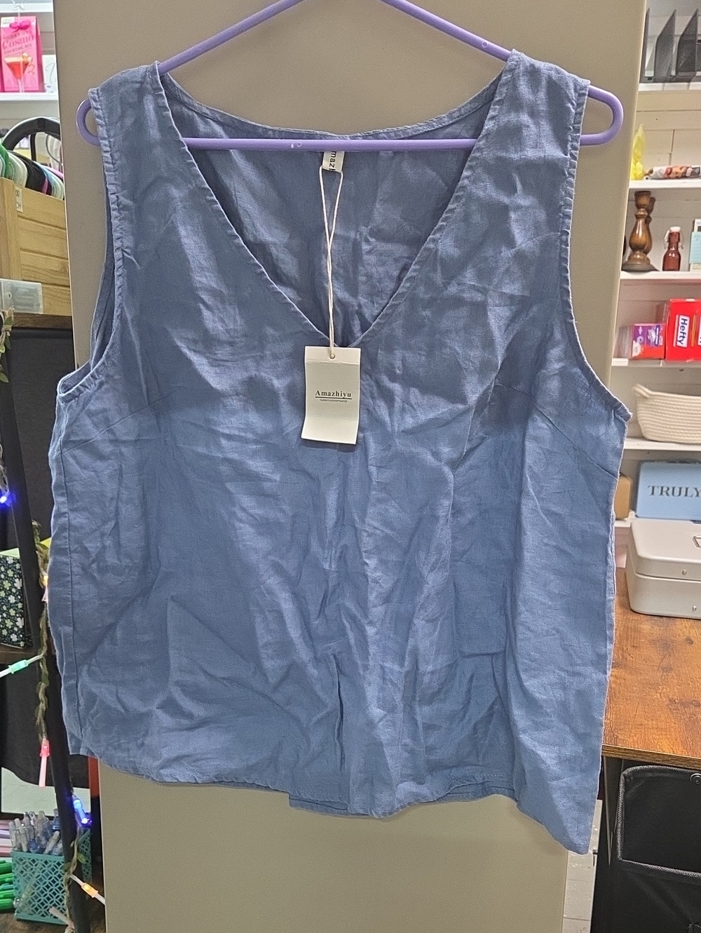 Amazhiva Women's V-Neck Sleeveless Tank in Slate Blue